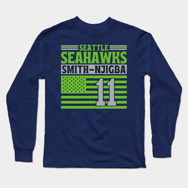 Seattle Seahawks Smith-Njigba 11 American Flag Football Long Sleeve T-Shirt by Astronaut.co